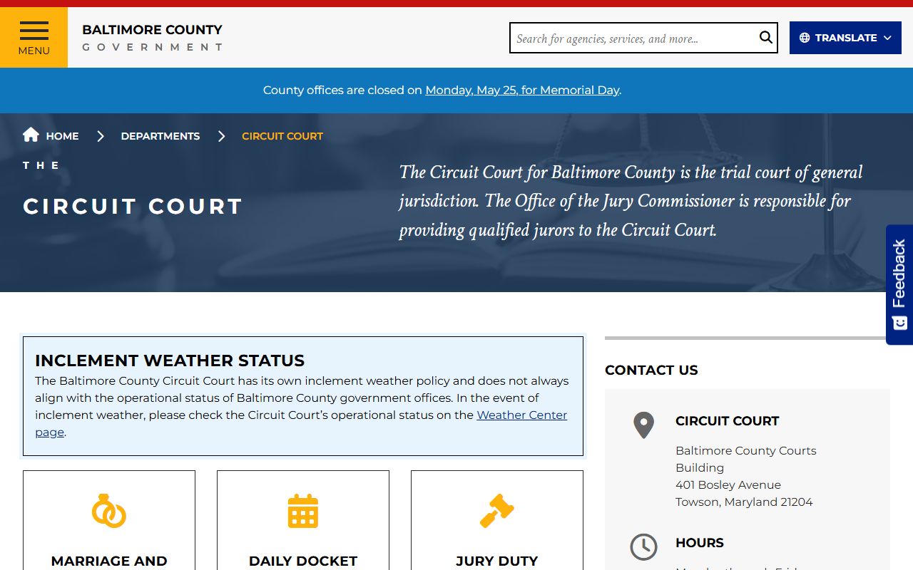 Baltimore County Circuit Court department page for court records