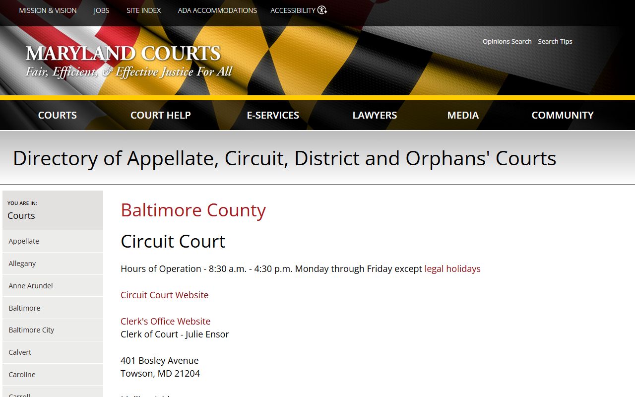 Maryland Judiciary directory for Baltimore County court records