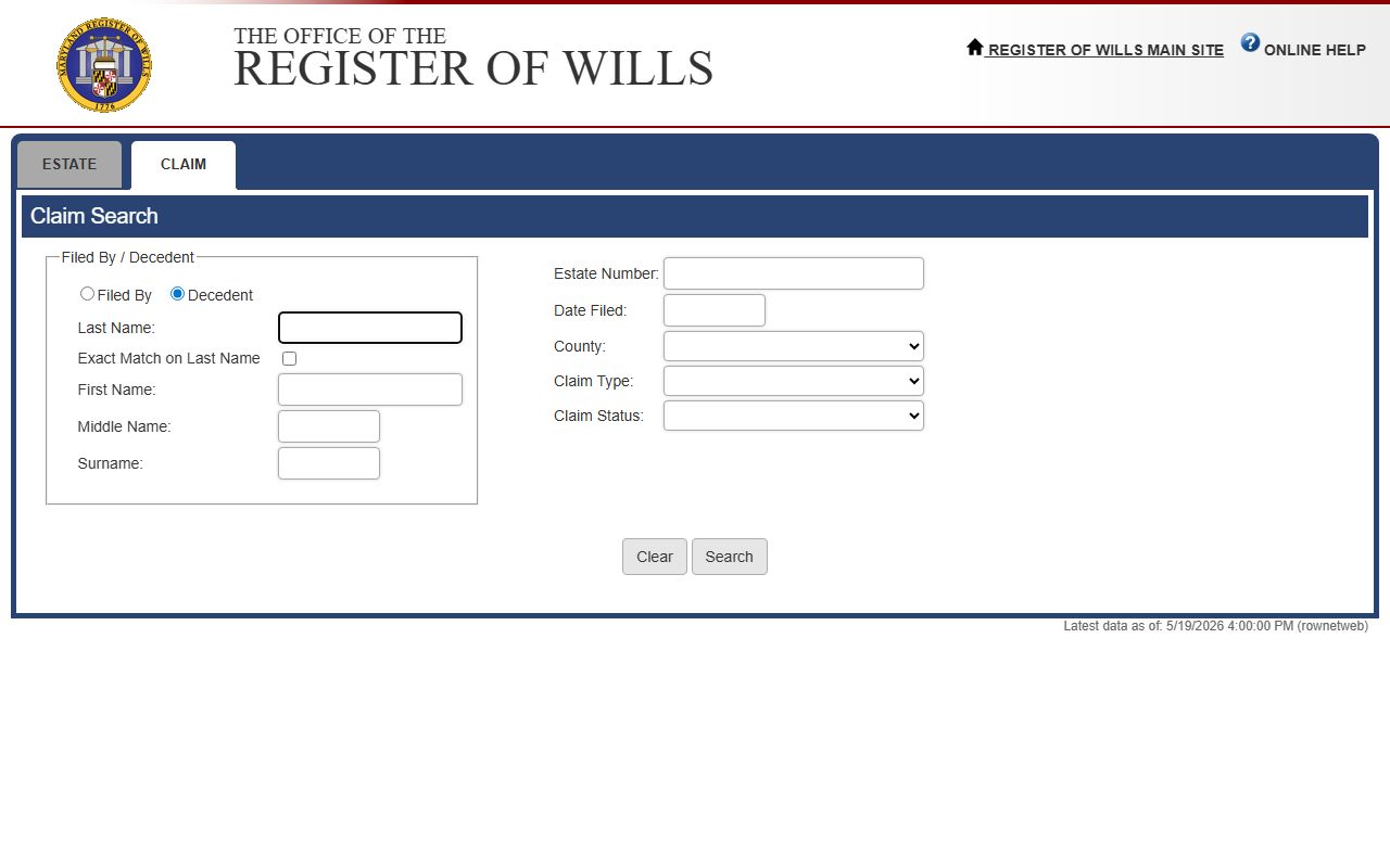 Baltimore County probate records Claim Search tool