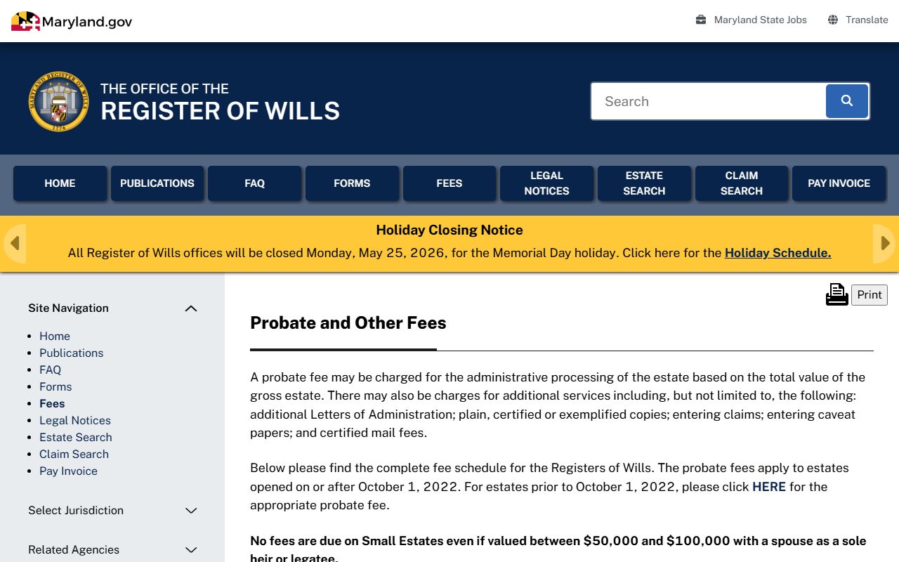 Baltimore County probate records Register of Wills fees page