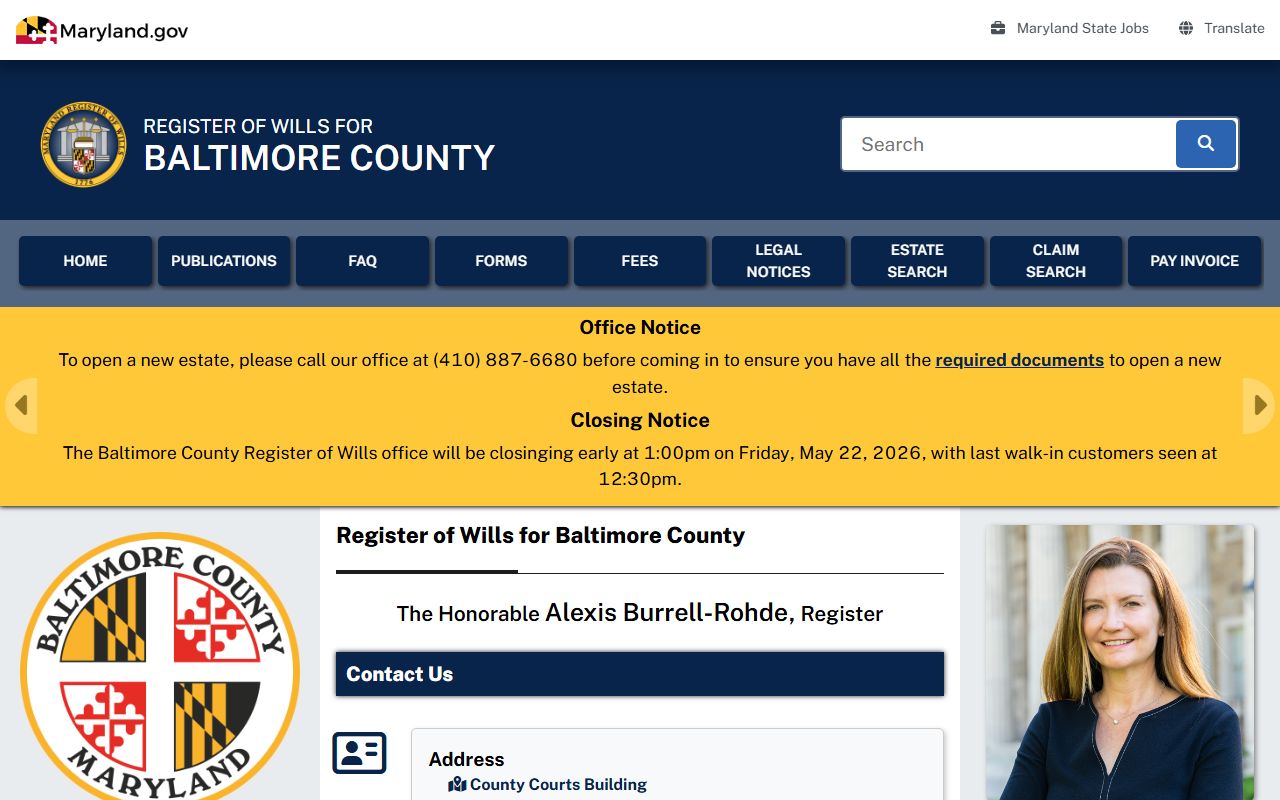 Baltimore County probate records Register of Wills Baltimore page