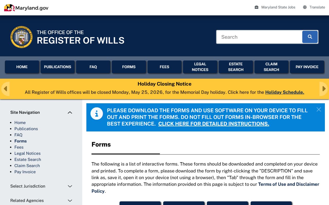 Baltimore County probate records Register of Wills forms page