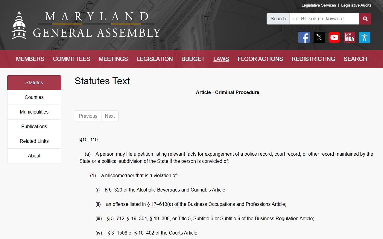 Baltimore County arrest records shielding rules under Maryland Criminal Procedure law