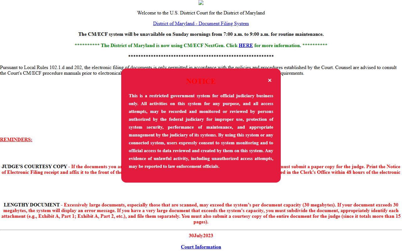 Baltimore County court records federal CM/ECF PACER system