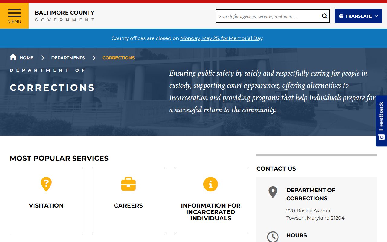 Baltimore County inmate records and Department of Corrections page