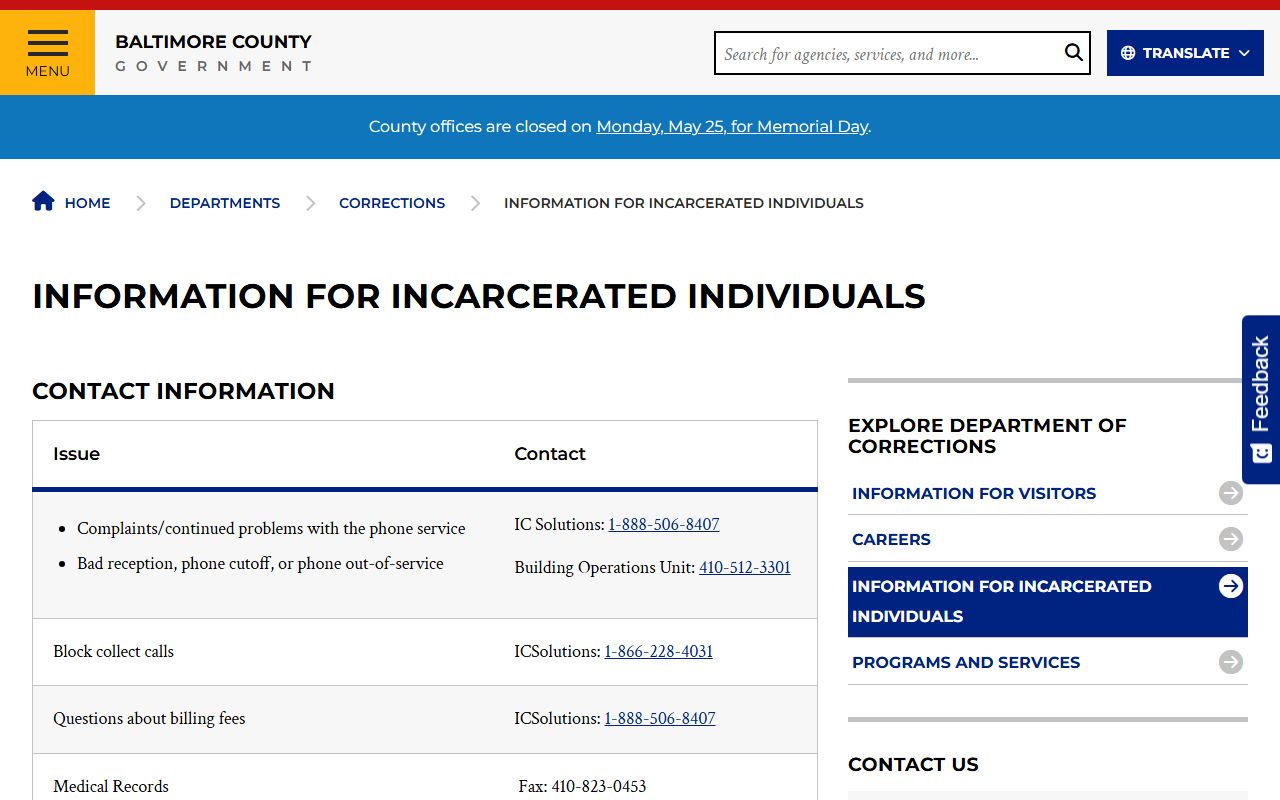Baltimore County inmate records inmate information page