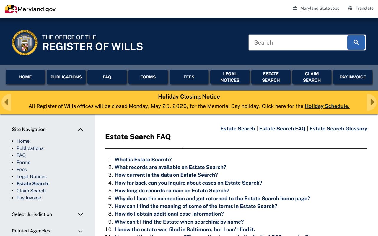 Baltimore County probate records Estate Search FAQ page