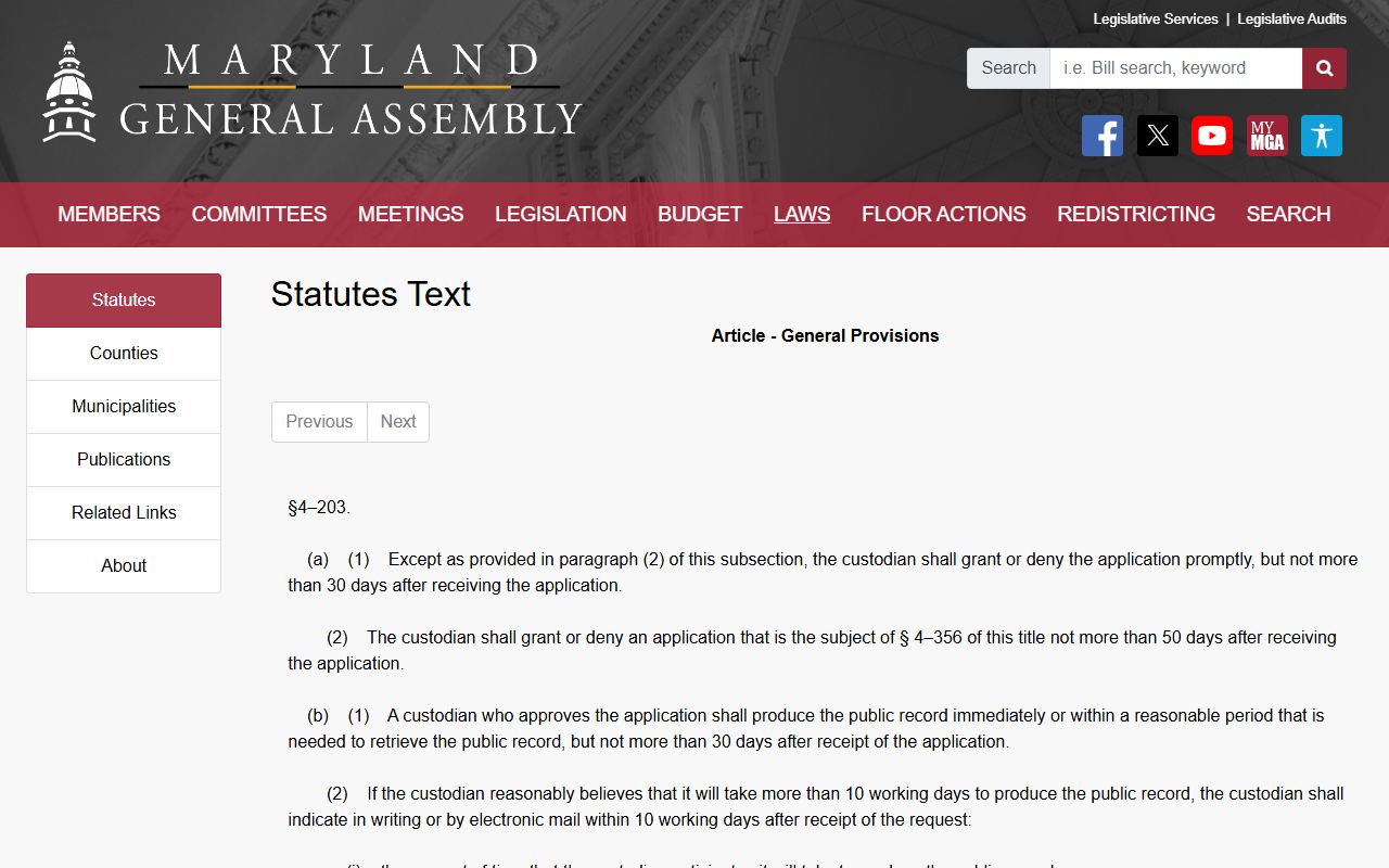Baltimore County public records PIA timing statute Section 4-203