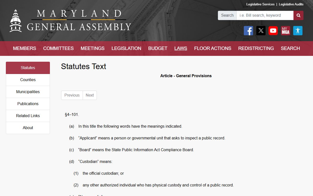 Baltimore County public records PIA definitions statute Section 4-101
