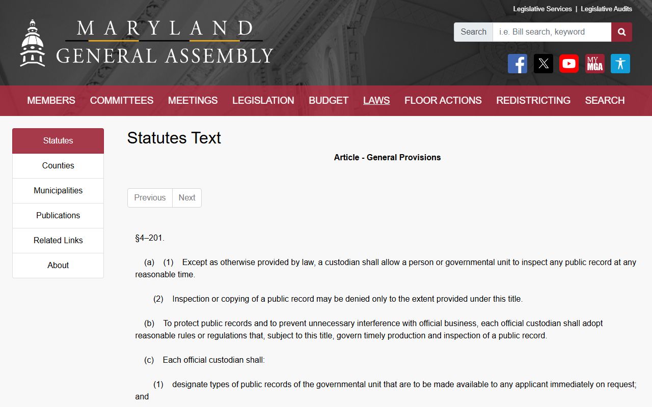 Baltimore County public records PIA right to inspect statute Section 4-201