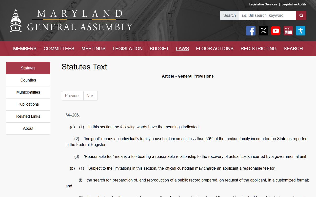 Baltimore County public records PIA fees statute Section 4-206